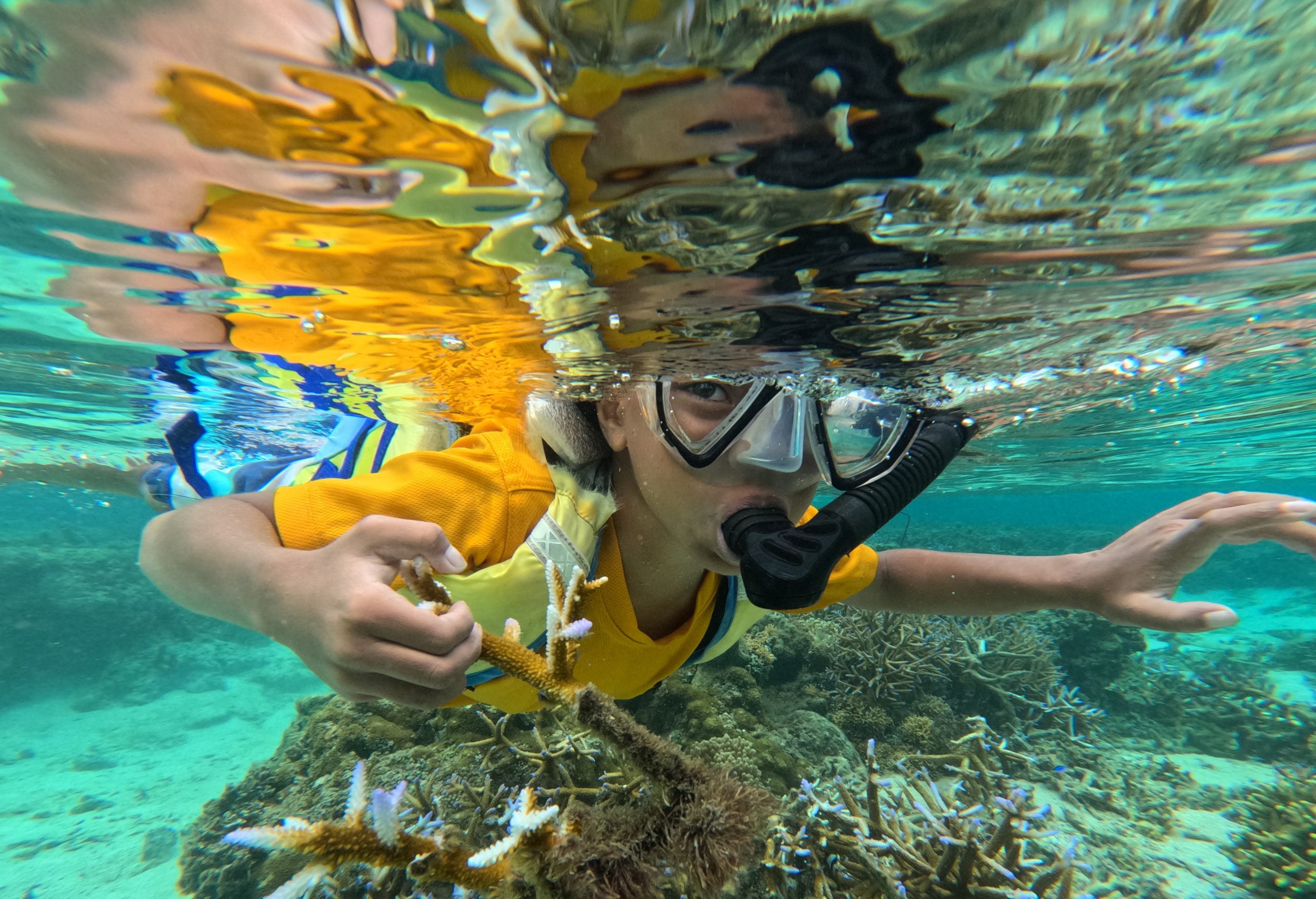 child snorkelling coral reef fiji